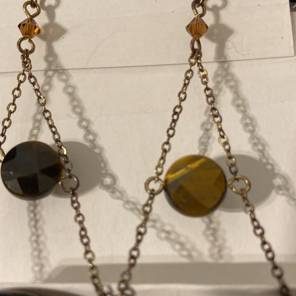 Brass Chain Facet Cut Tiger's Eye Bead Drop Chandelier Earrings - Picture 3 of 9